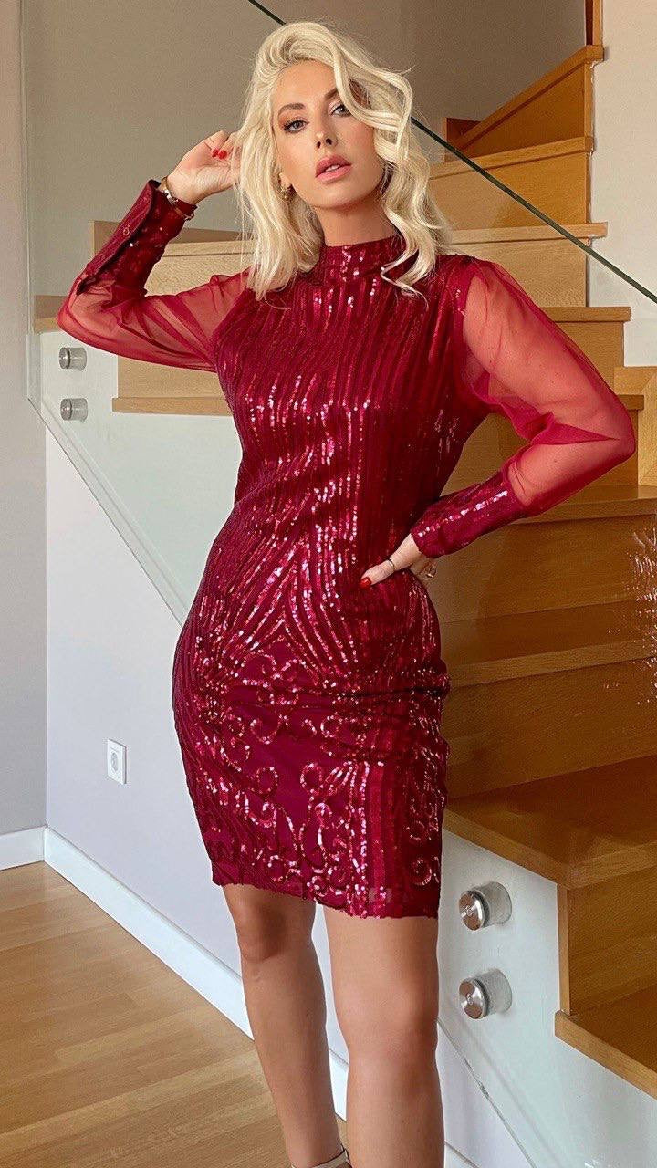 Red Wine Sparkle Short Dress - Bonita Style