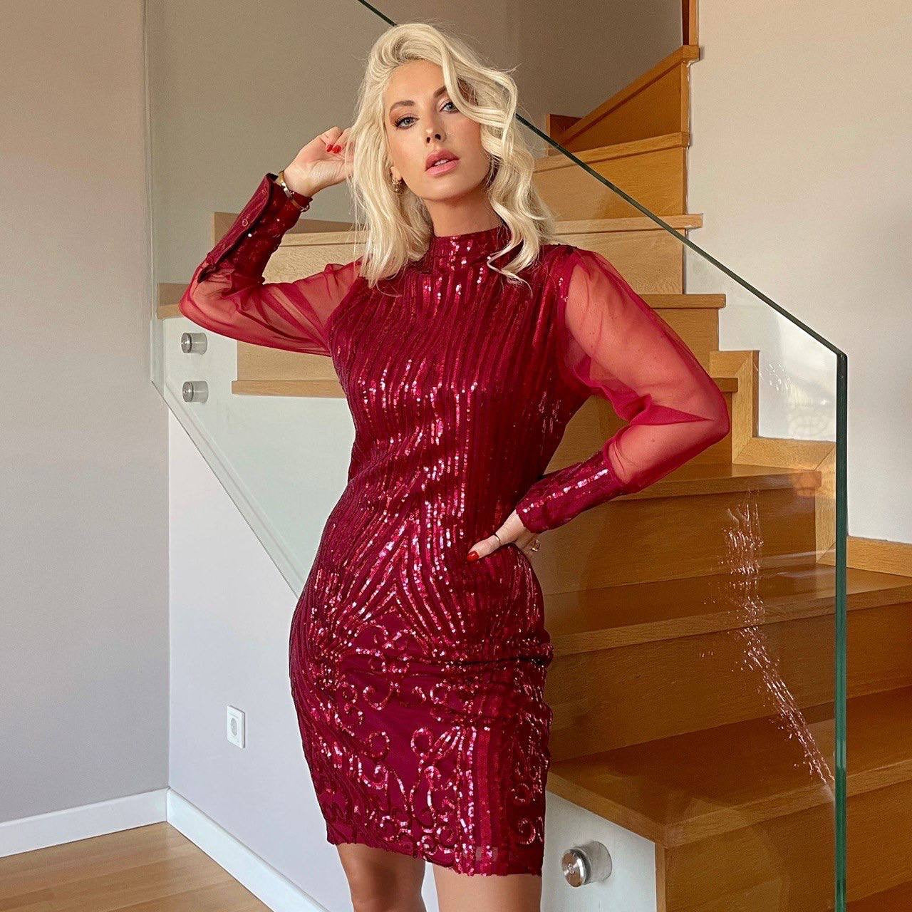 Red Wine Sparkle Short Dress - Bonita Style